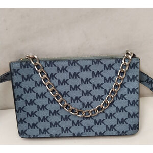 Michael Kors Blue Denim MK Logo Silver Chain Pull Women's Waist Pack Bell Bag